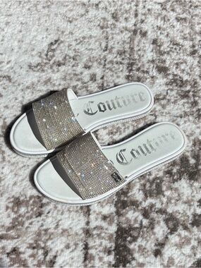 Y2K Juicy Couture Yippy White Slide Sandals with Silver Crystal Rhinestones